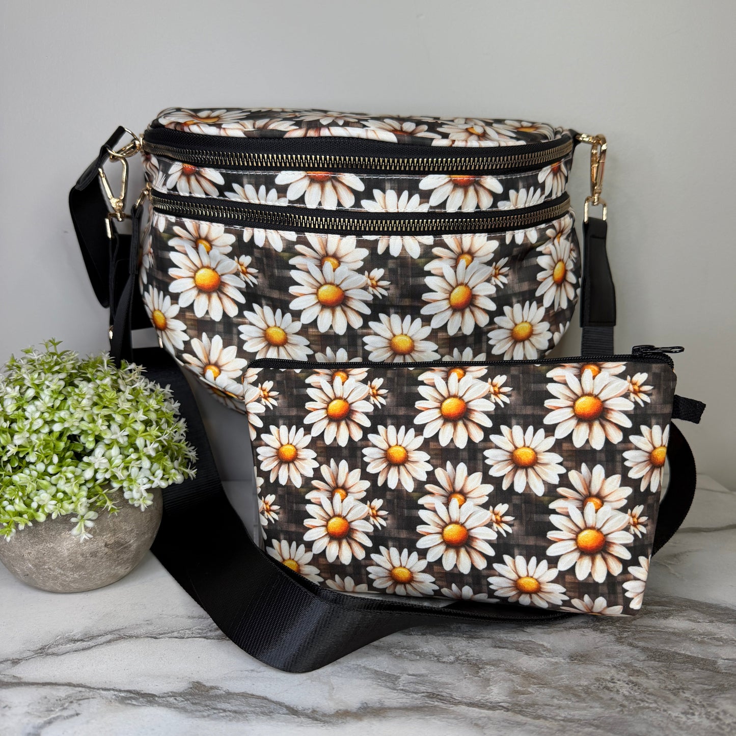 Bundled Set - Roni & Pouch - Floral Daisy Brown Gingham