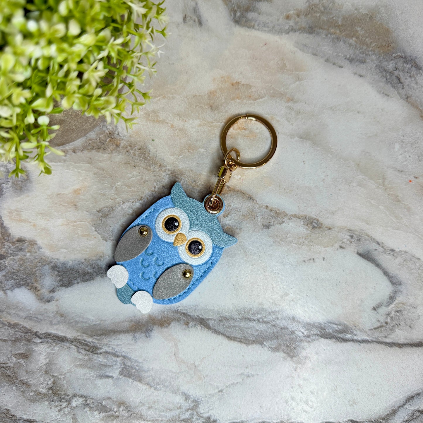 Keychain - Faux Leather - Light Blue Owl