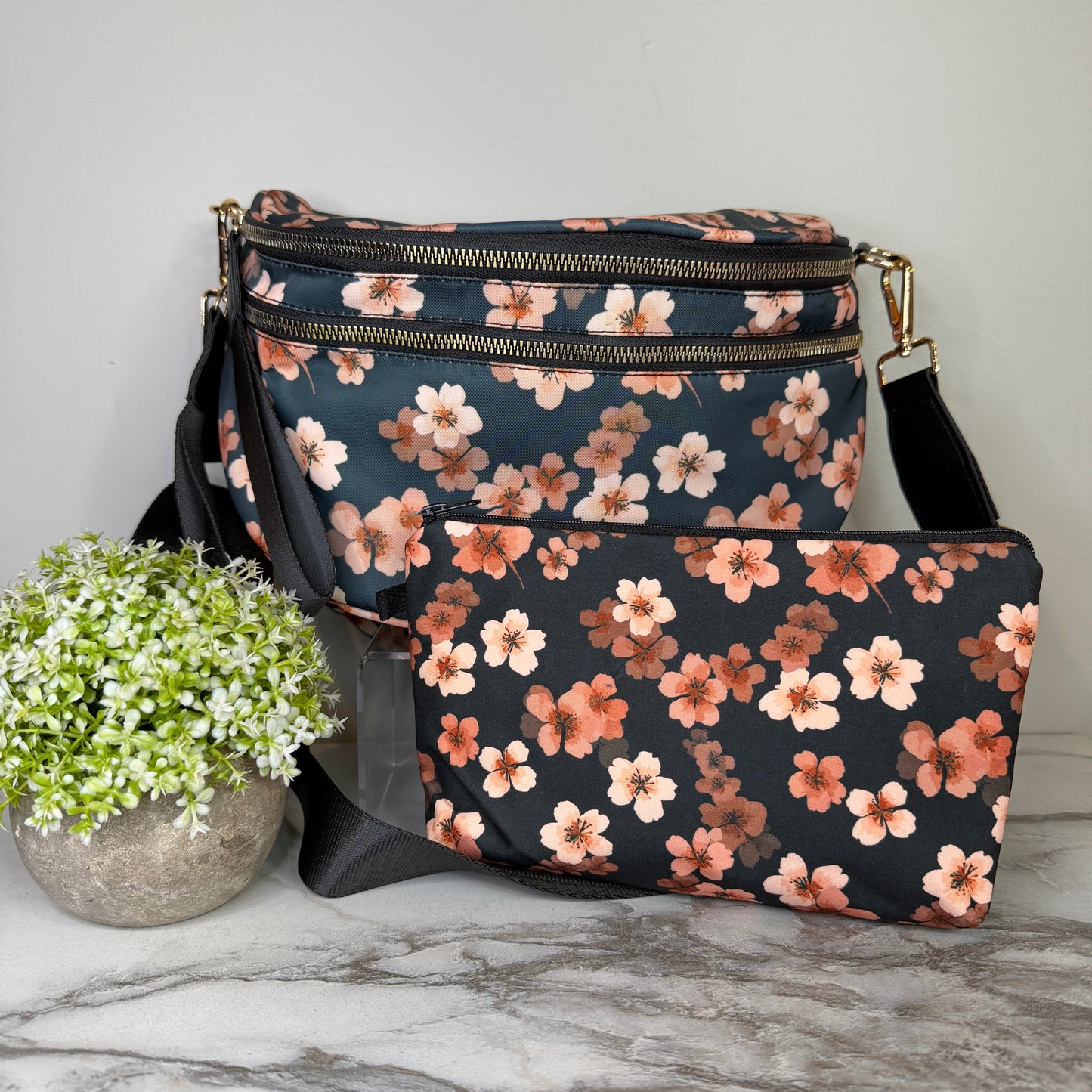 Bundled Set - Roni & Pouch - Floral Navy Pink Cherry Blossom