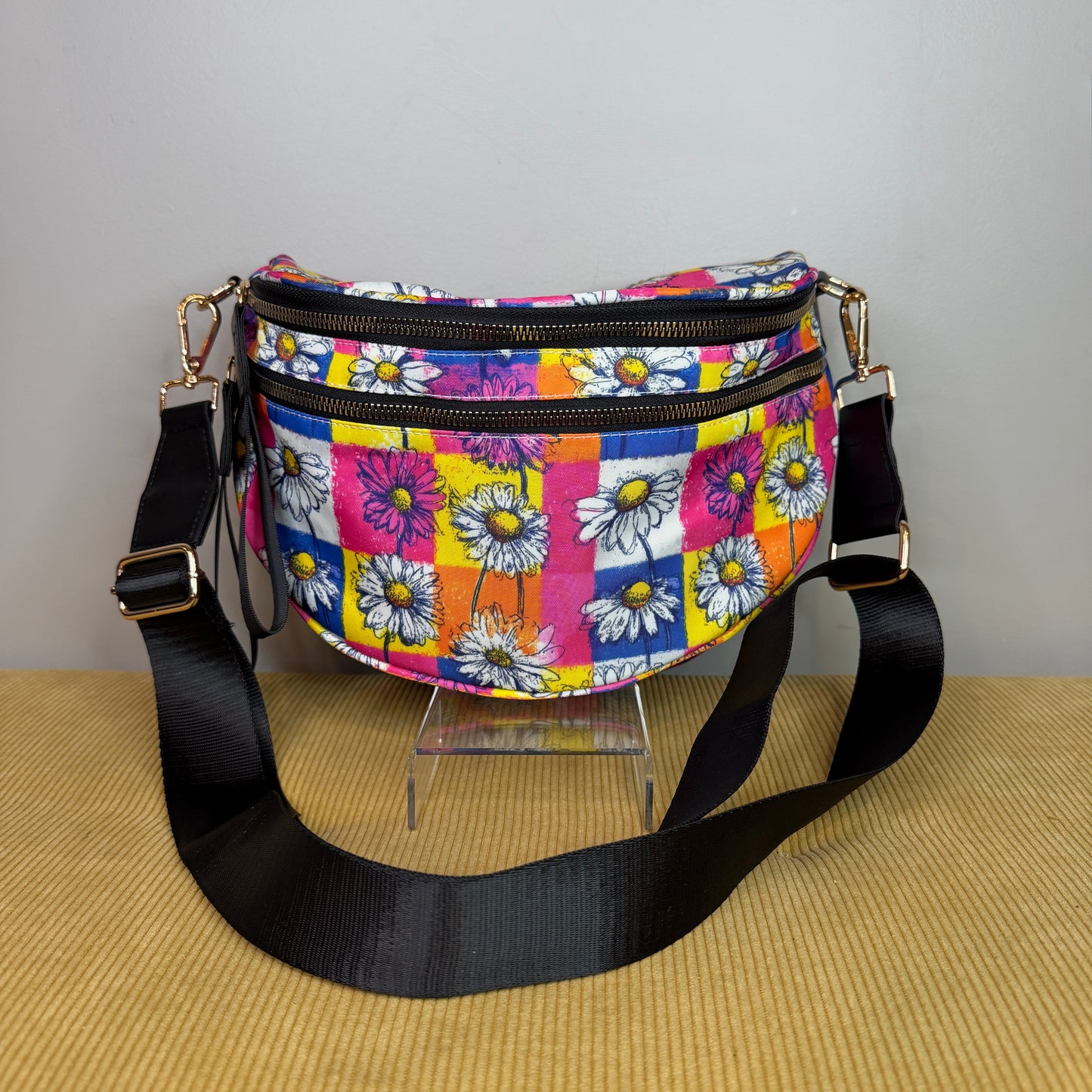 The Roni Nylon Crossbody - Colorful Checkered Daisy Floral