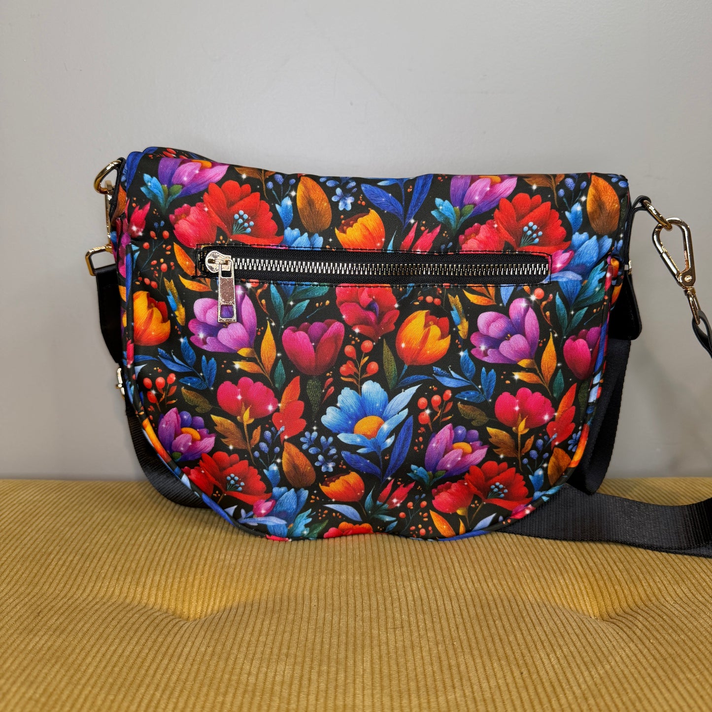 The Roni Nylon Crossbody - Floral Bright Red Blue on Black