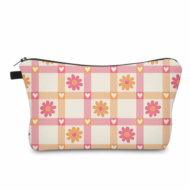 Pouch - Floral Checkered Heart Orange Pink