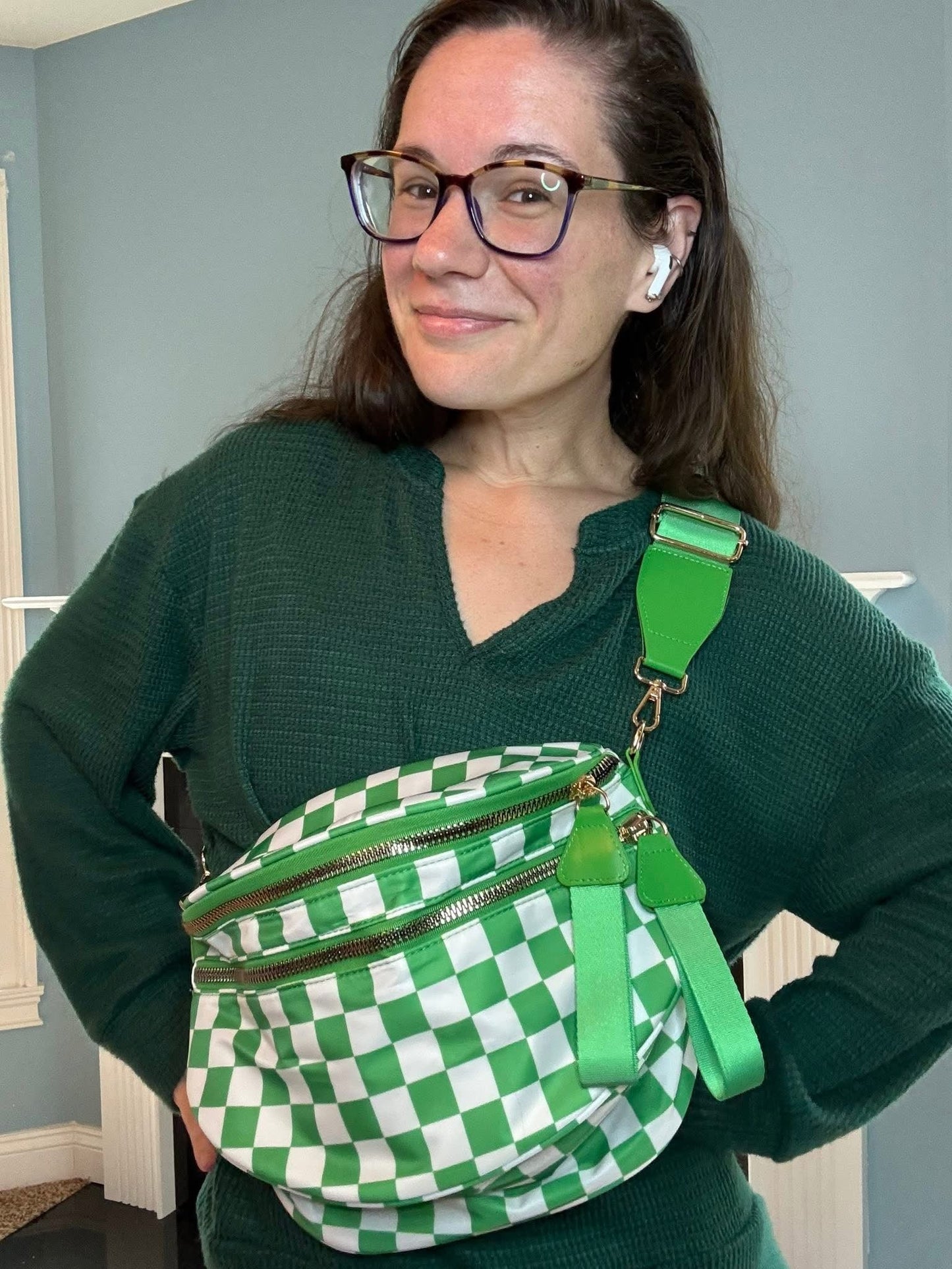 The Roni Nylon Crossbody - Checkered Kelly Green