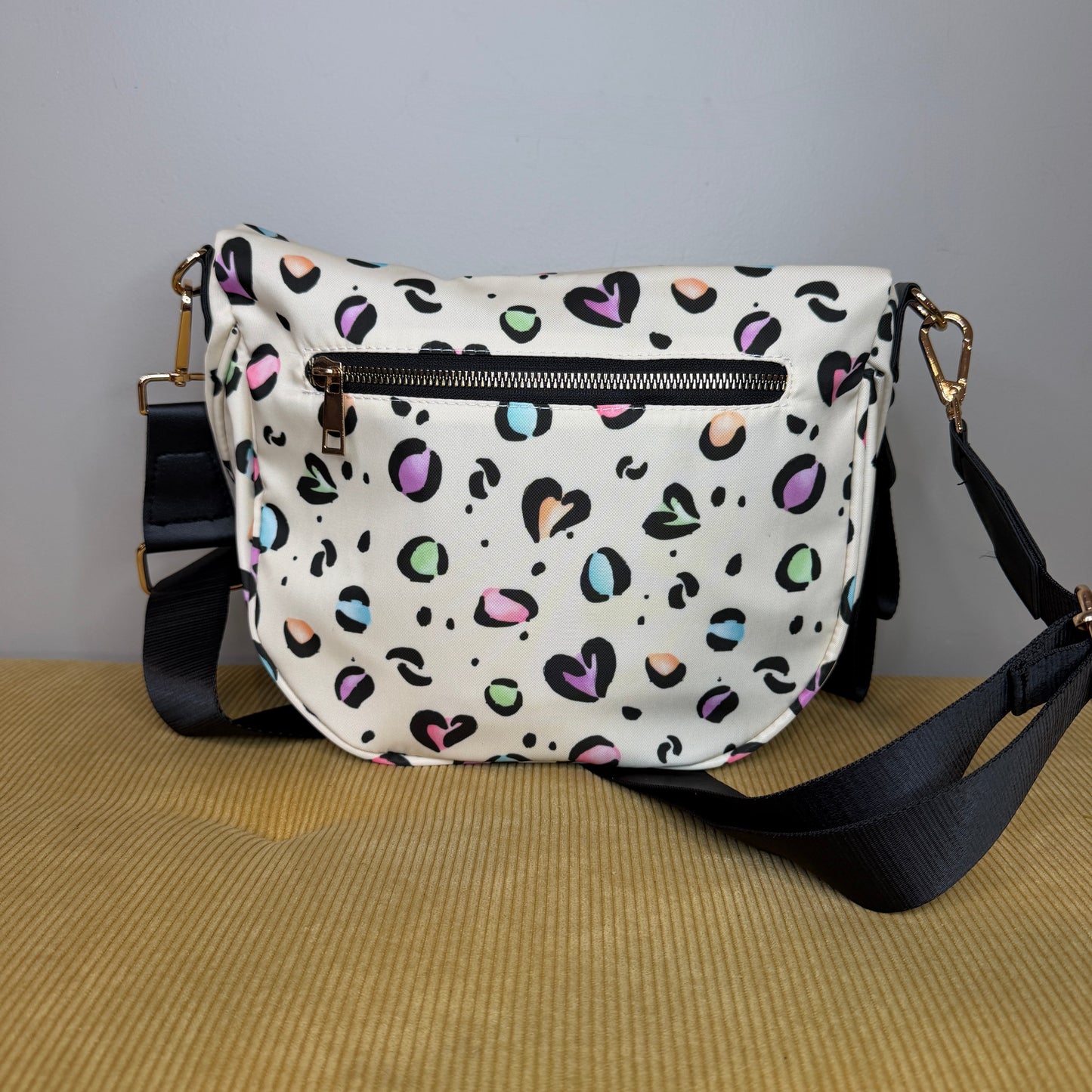 The Roni Nylon Crossbody - Animal Print Multi Color Hearts