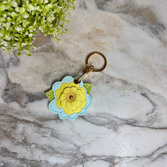 Keychain - Faux Leather - Blue Flower
