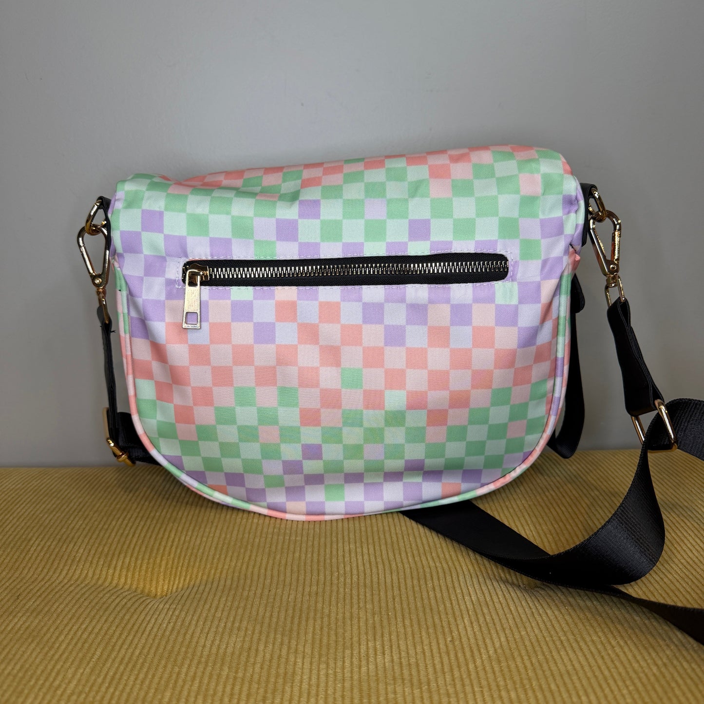 The Roni Nylon Crossbody - Checkered Creamsicle Mint Purple