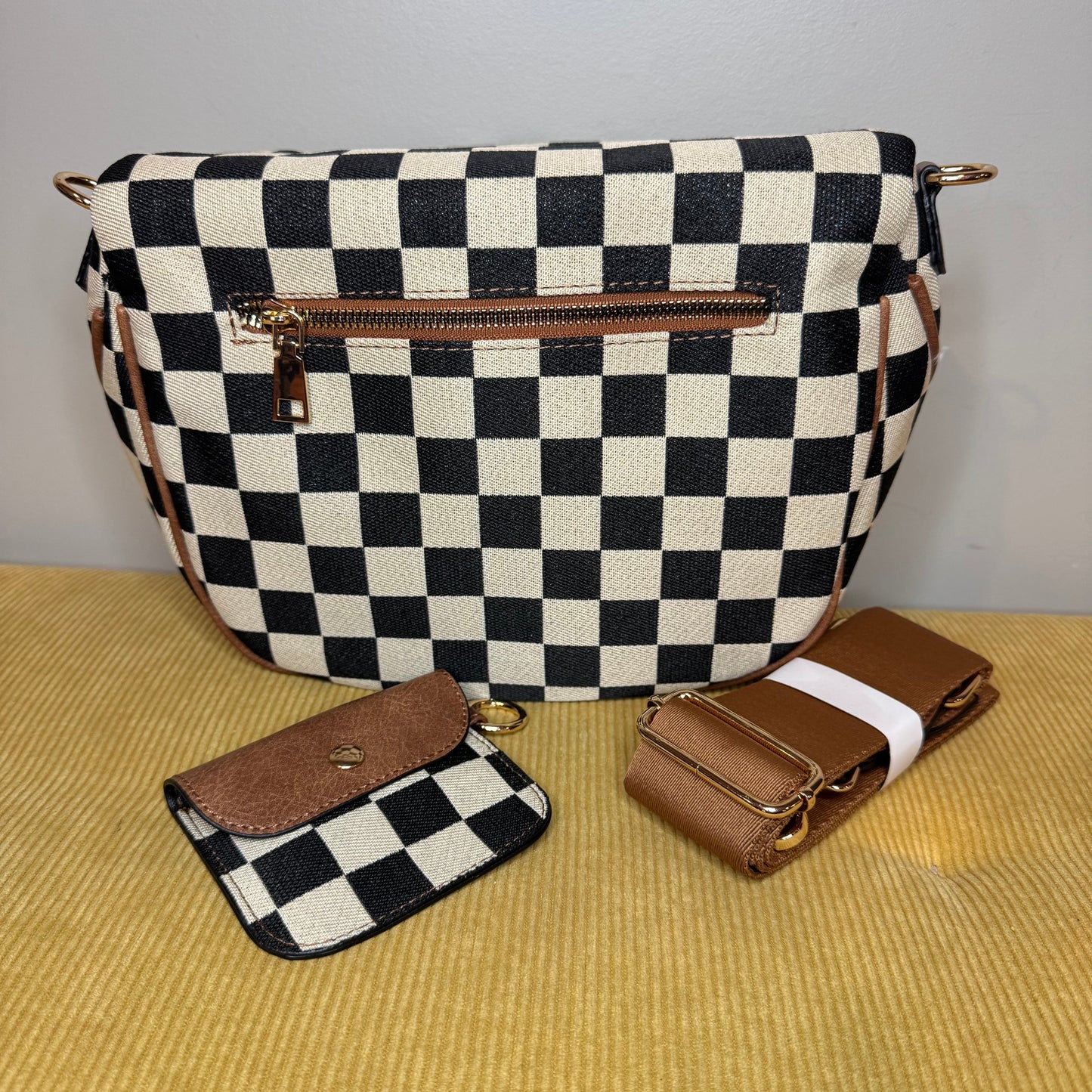 The Roni Crossbody - Canvas Tan Black Camel Check