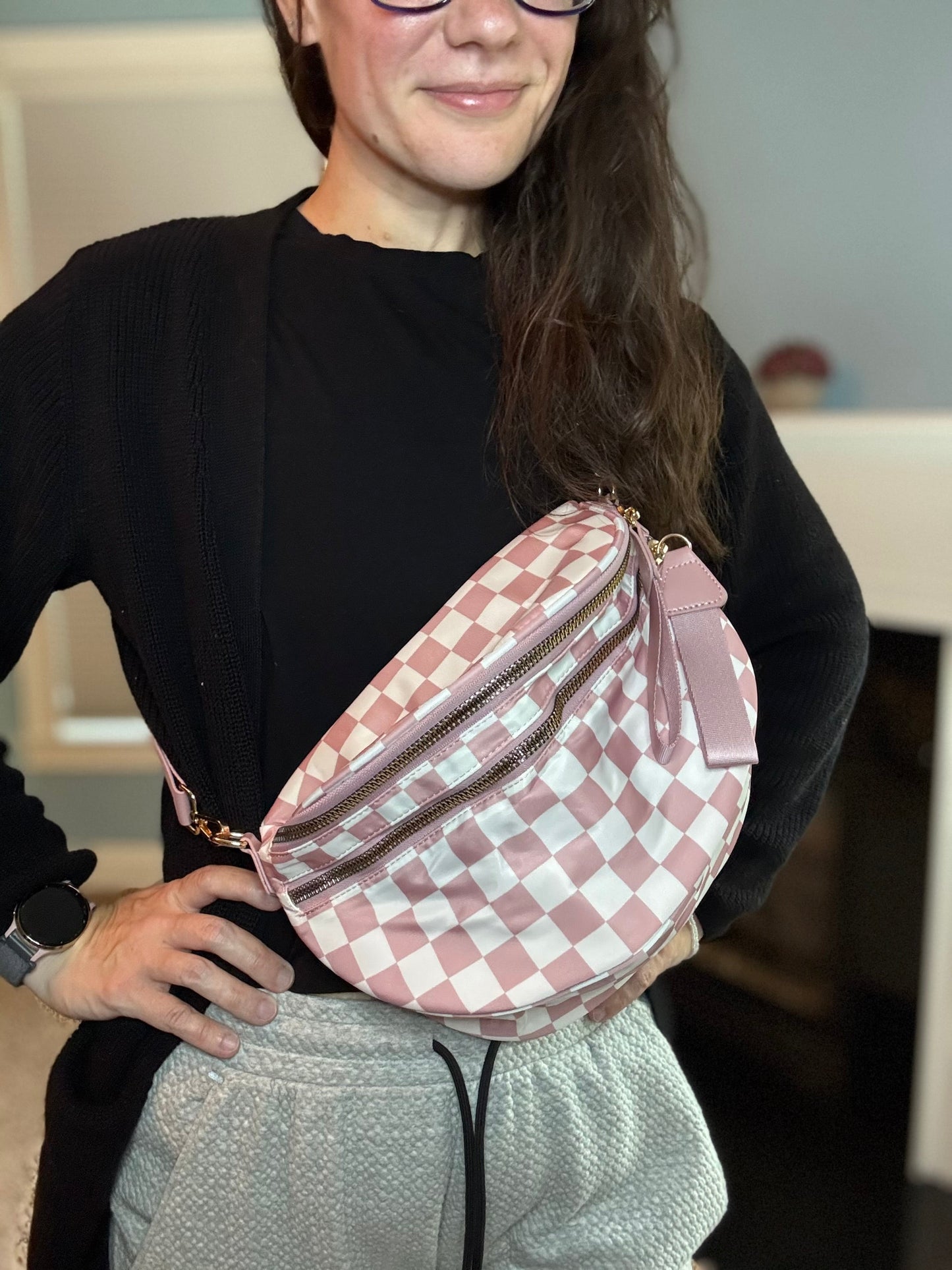 The Roni Nylon Crossbody - Checkered Medium Pink