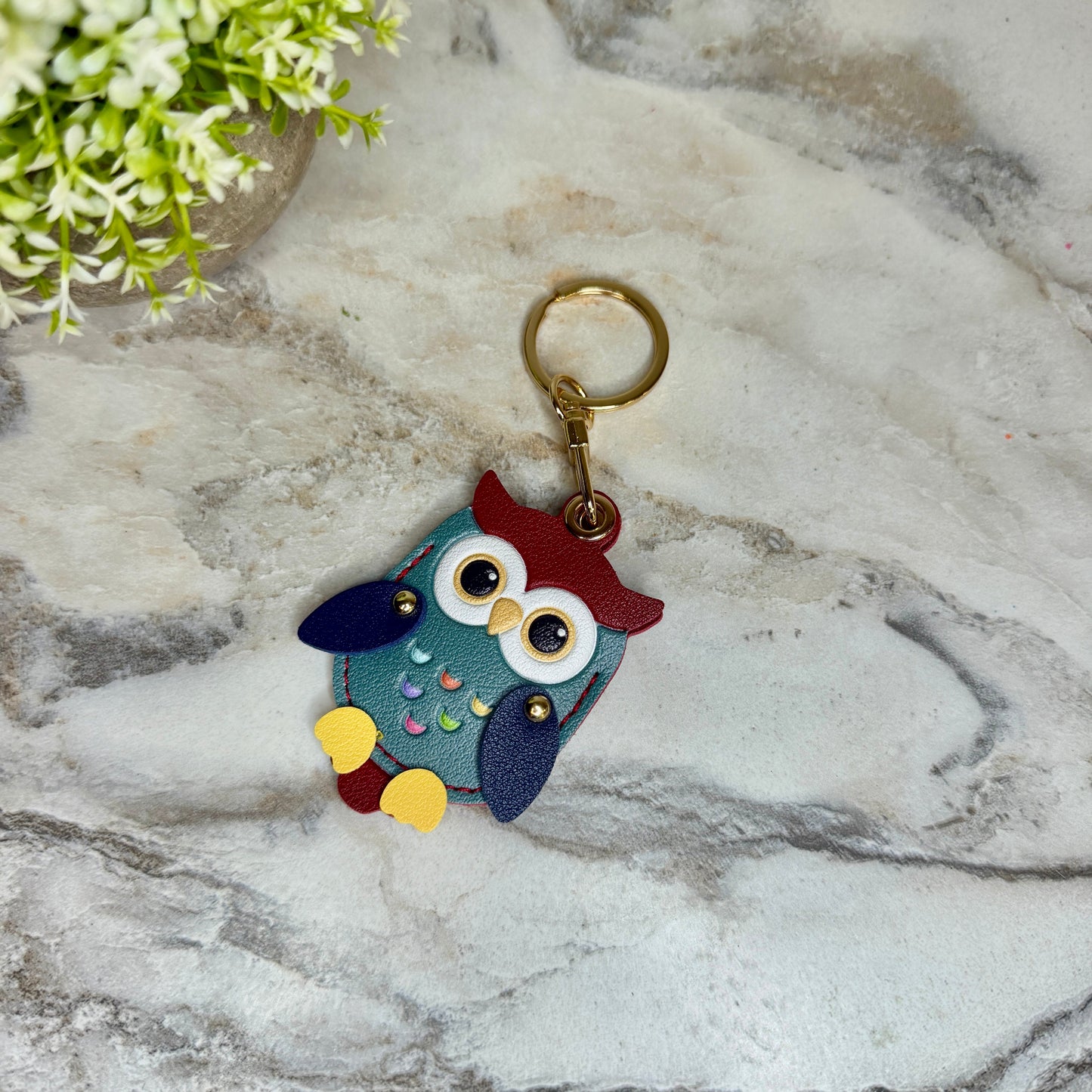 Keychain - Faux Leather - Navy Blue Maroon Owl