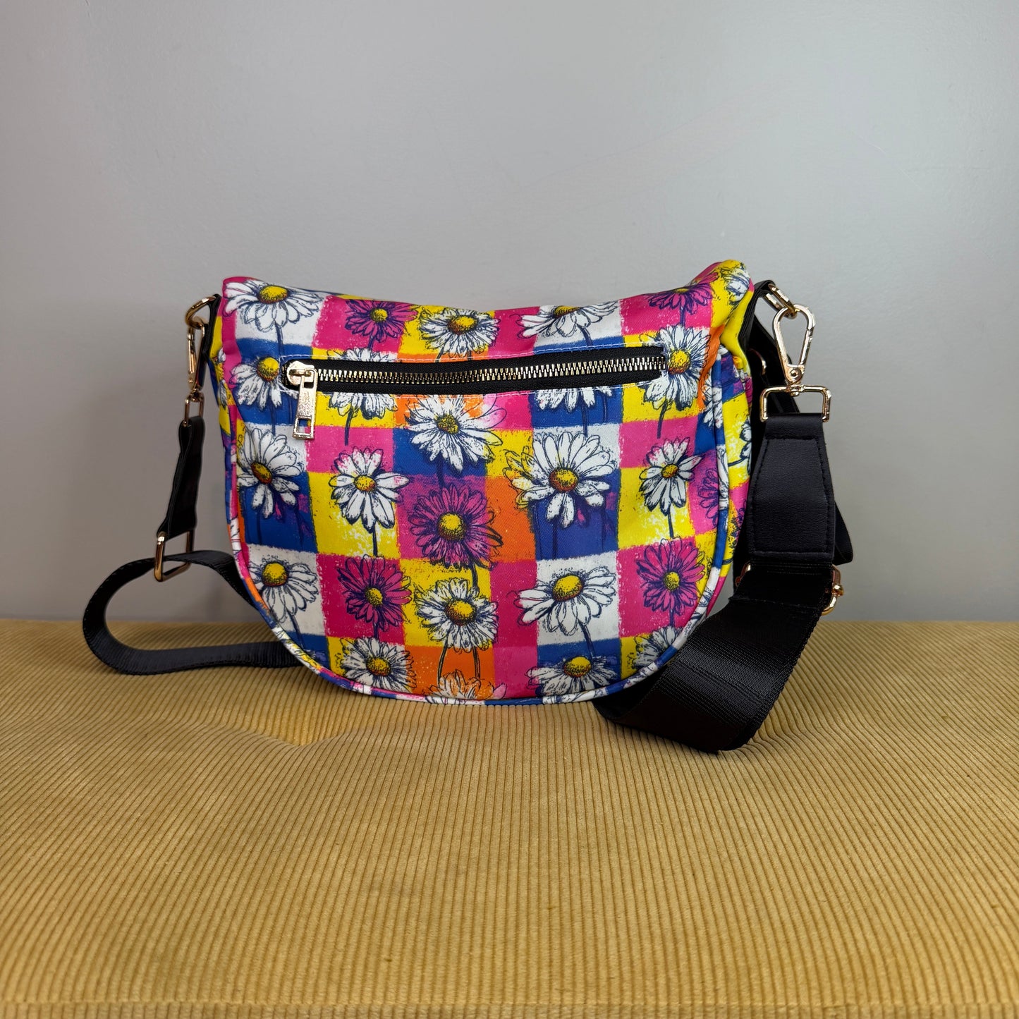 The Roni Nylon Crossbody - Colorful Checkered Daisy Floral
