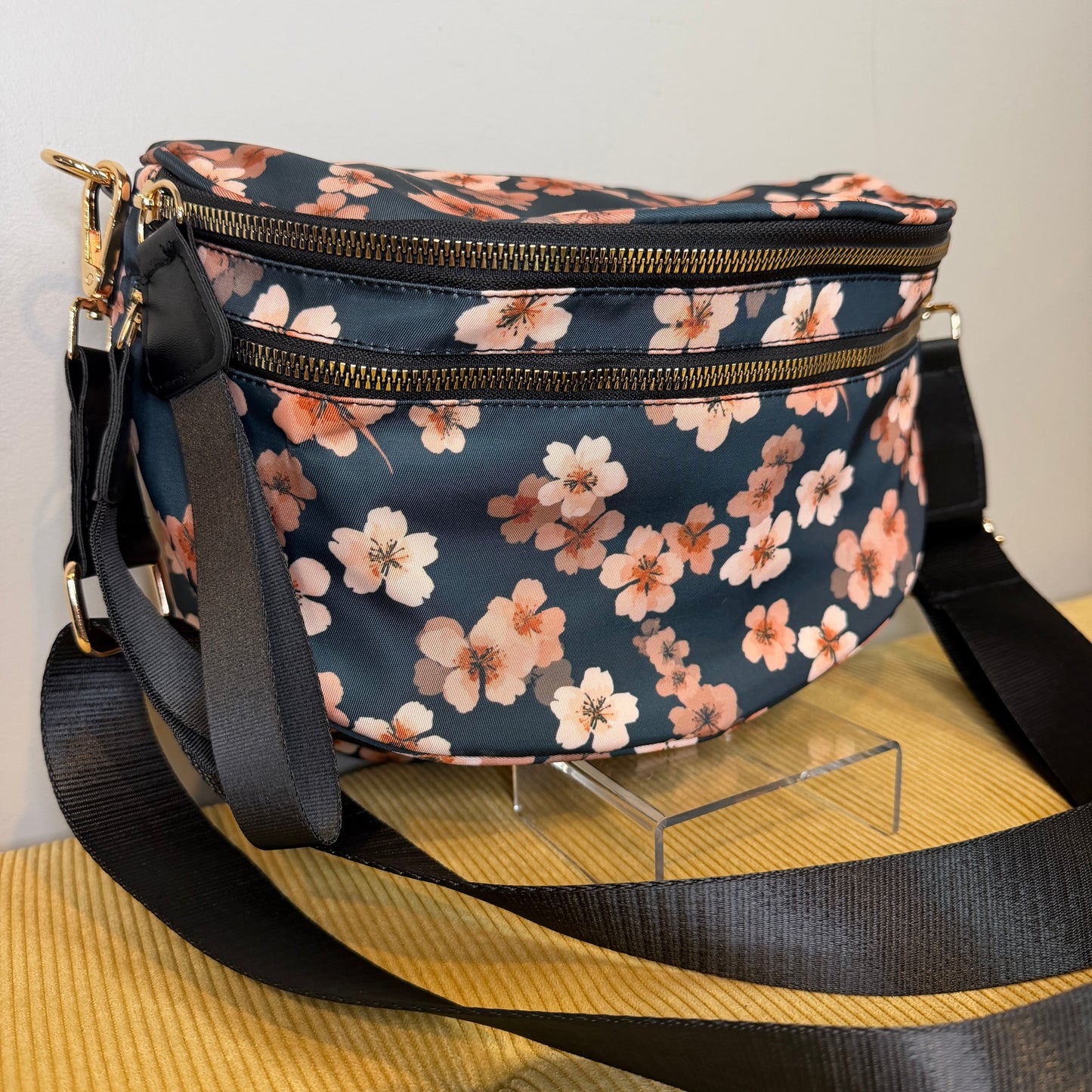 The Roni Nylon Crossbody - Floral Navy Pink Cherry Blossom