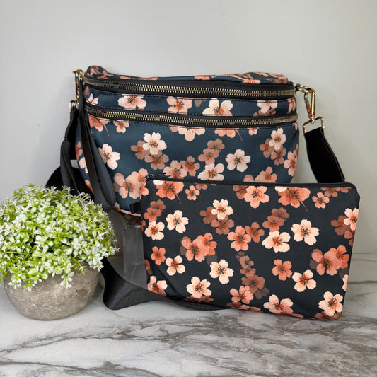 Bundled Set - Roni & Pouch - Floral Navy Pink Cherry Blossom