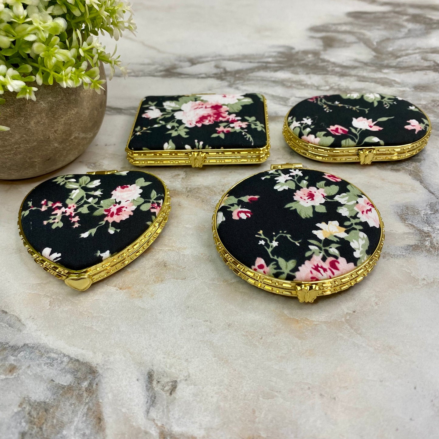 Compact Mirror - Black Floral (by shape)