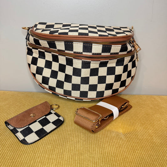 The Roni Crossbody - Canvas Tan Black Camel Check