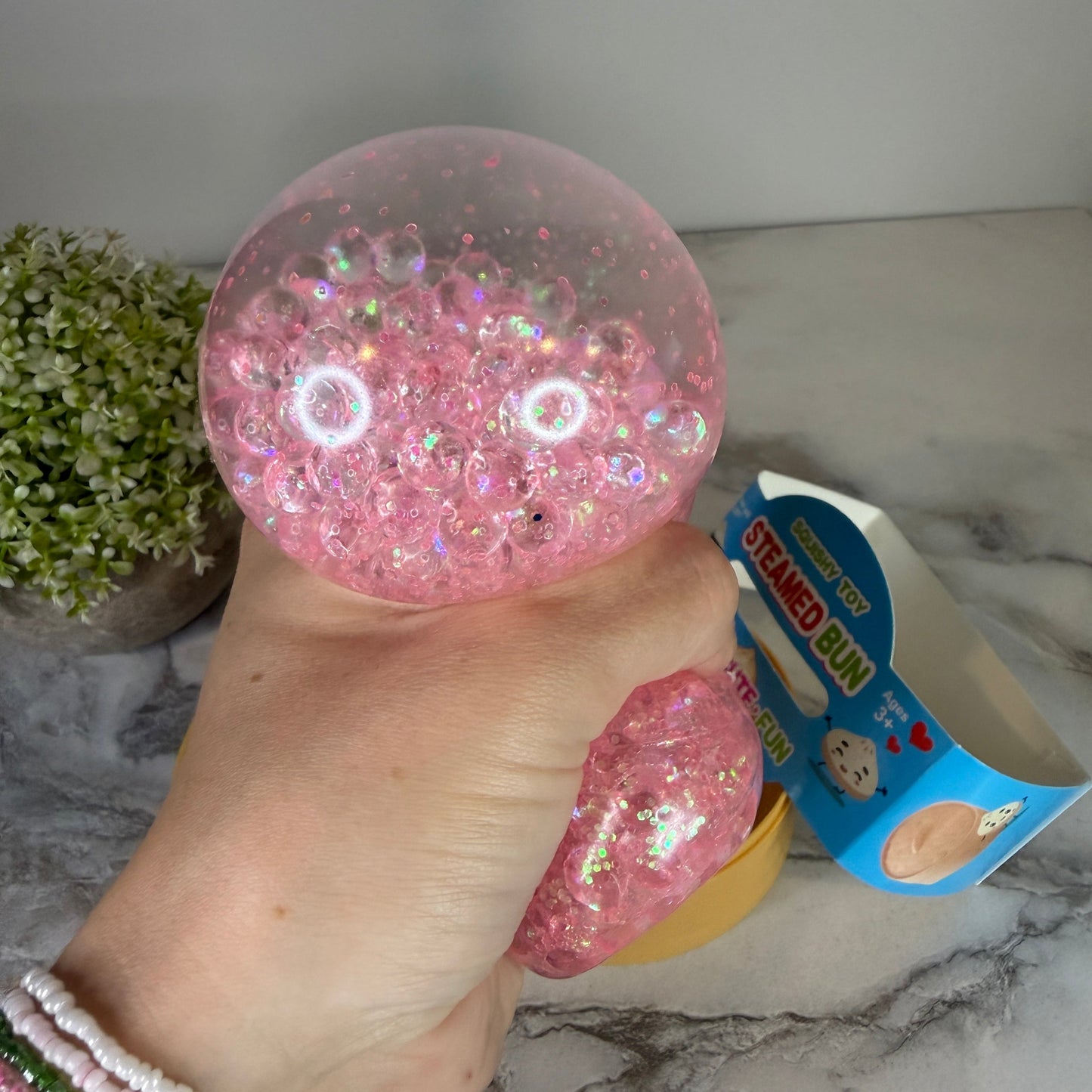 Squishy Toy - Viral Dumpling, Pink Glitter + Water Beads