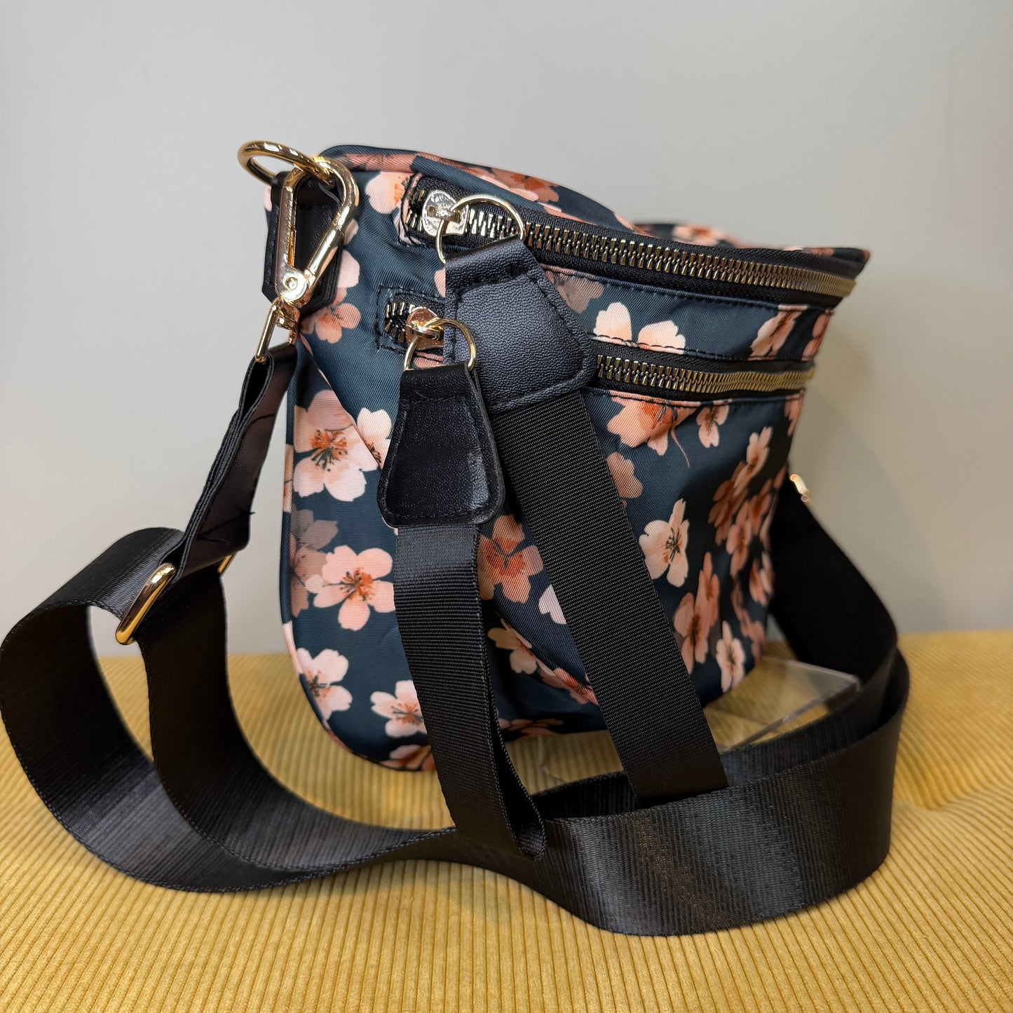 The Roni Nylon Crossbody - Floral Navy Pink Cherry Blossom
