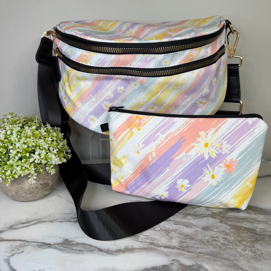 Bundled Set - Roni & Pouch - Pastel Stripe Daisy Floral