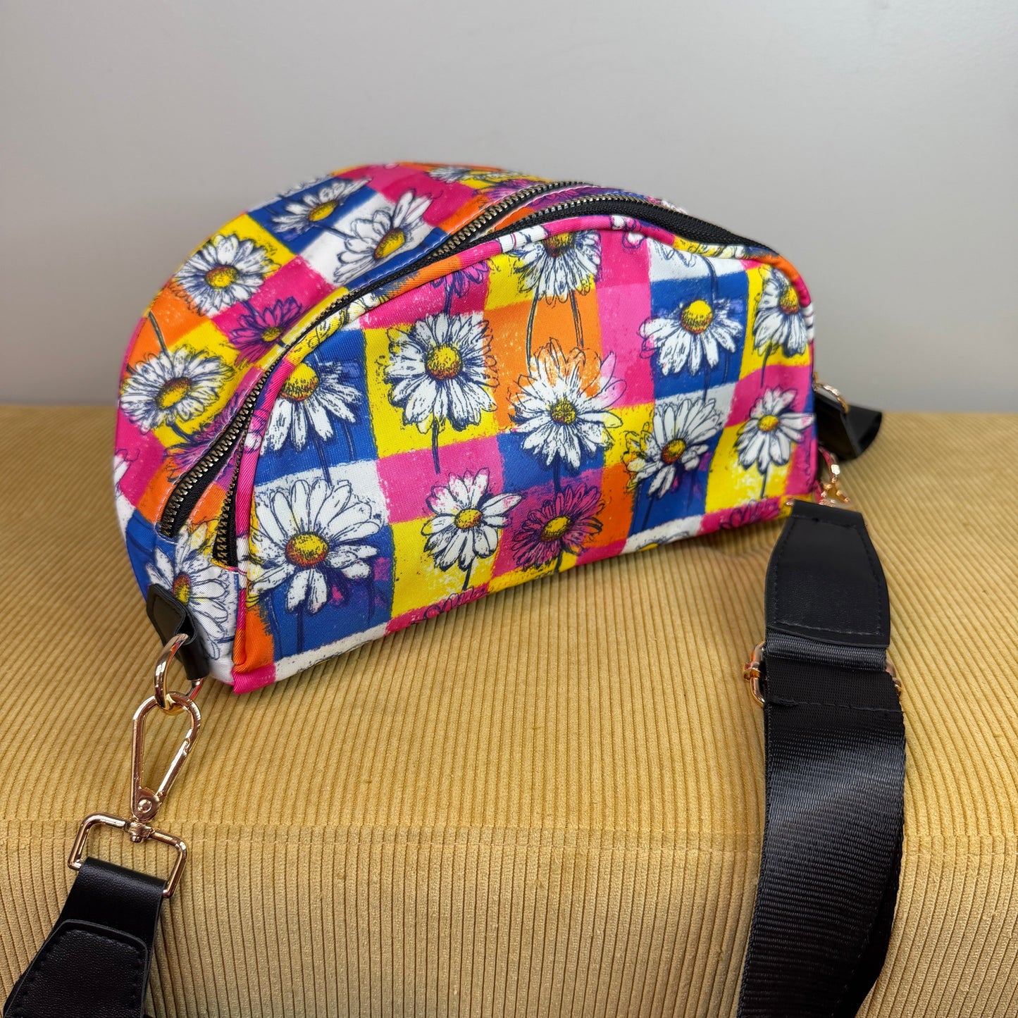 The Roni Nylon Crossbody - Colorful Checkered Daisy Floral