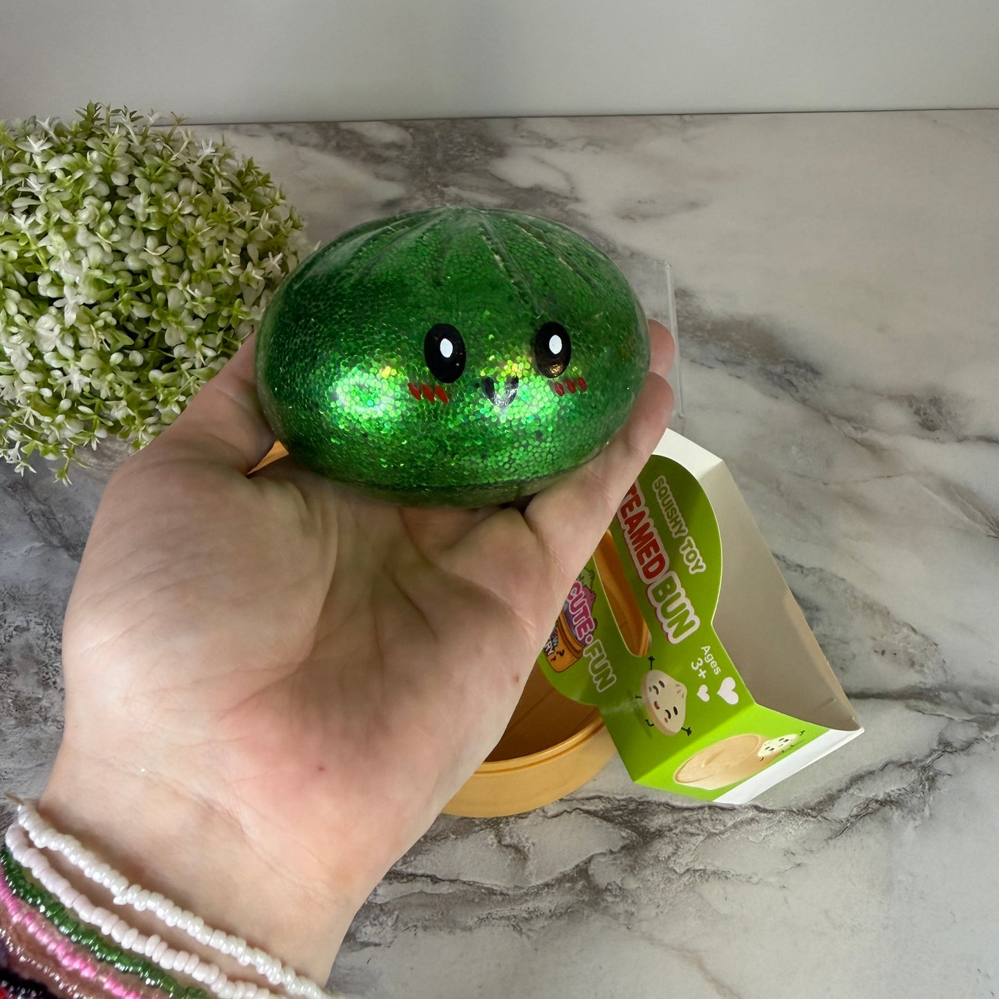 Squishy Toy - Viral Dumpling, Green Glitter + Water Beads