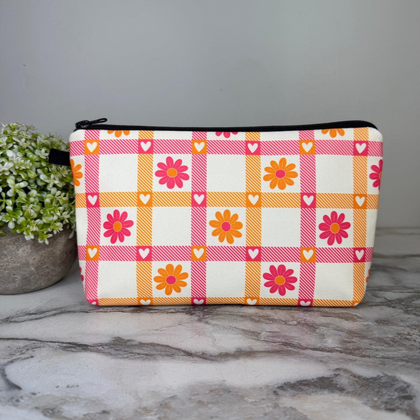 Pouch - Floral Checkered Heart Orange Pink