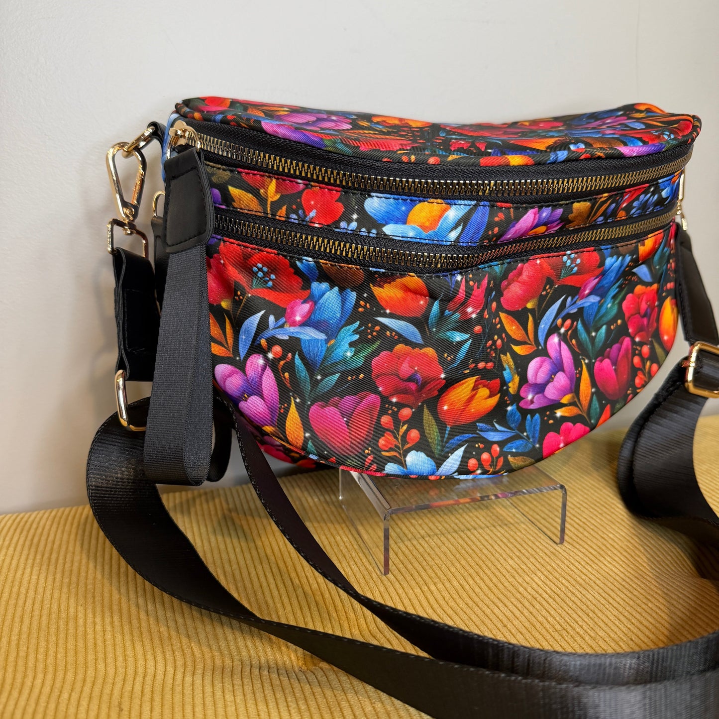 The Roni Nylon Crossbody - Floral Bright Red Blue on Black