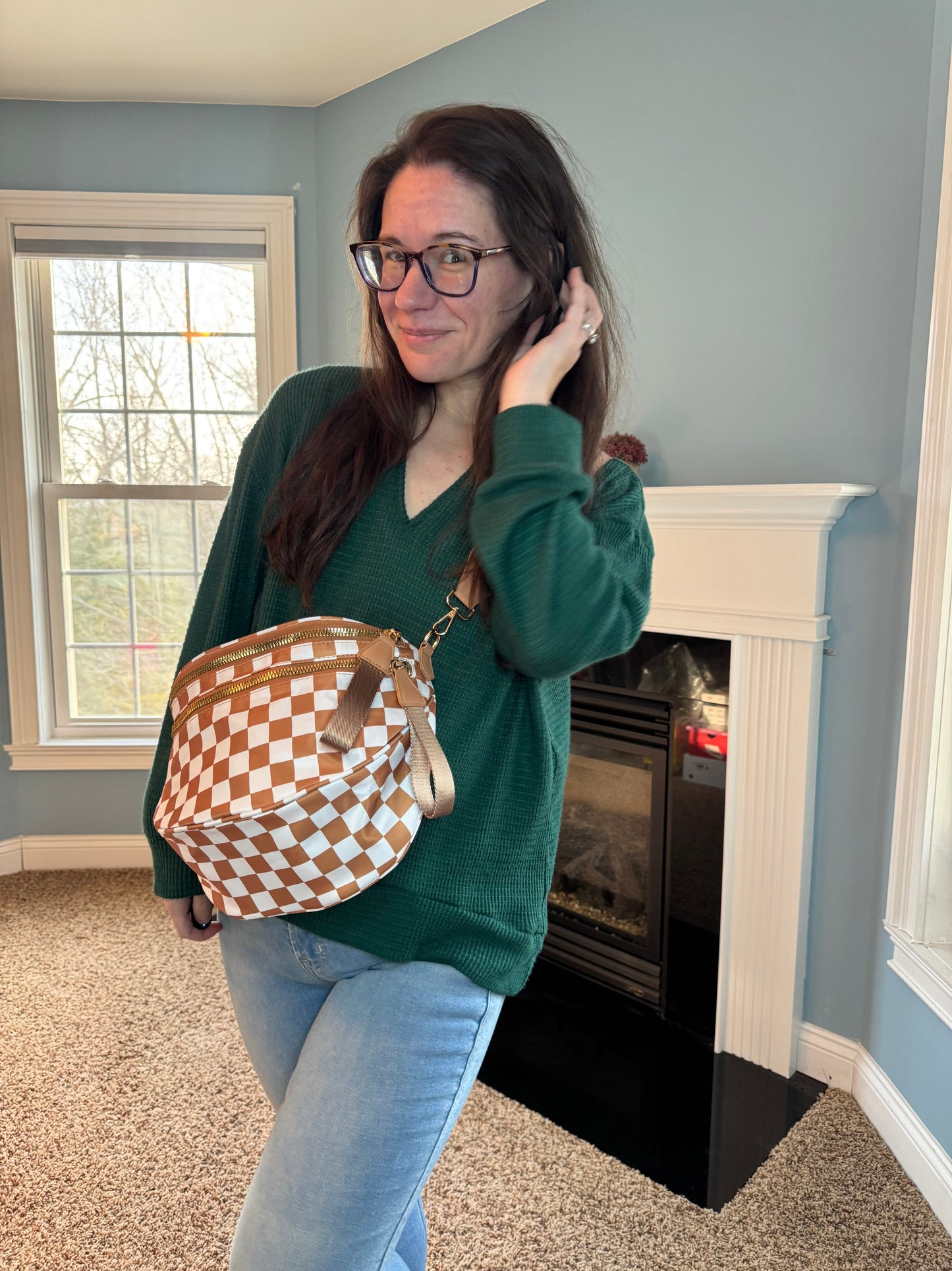 The Roni Nylon Crossbody - Checkered Camel