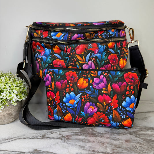 Bundled Set - Roni & Pouch - Floral Bright Red Blue on Black