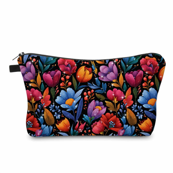 Pouch - Floral Bright Red Blue on Black