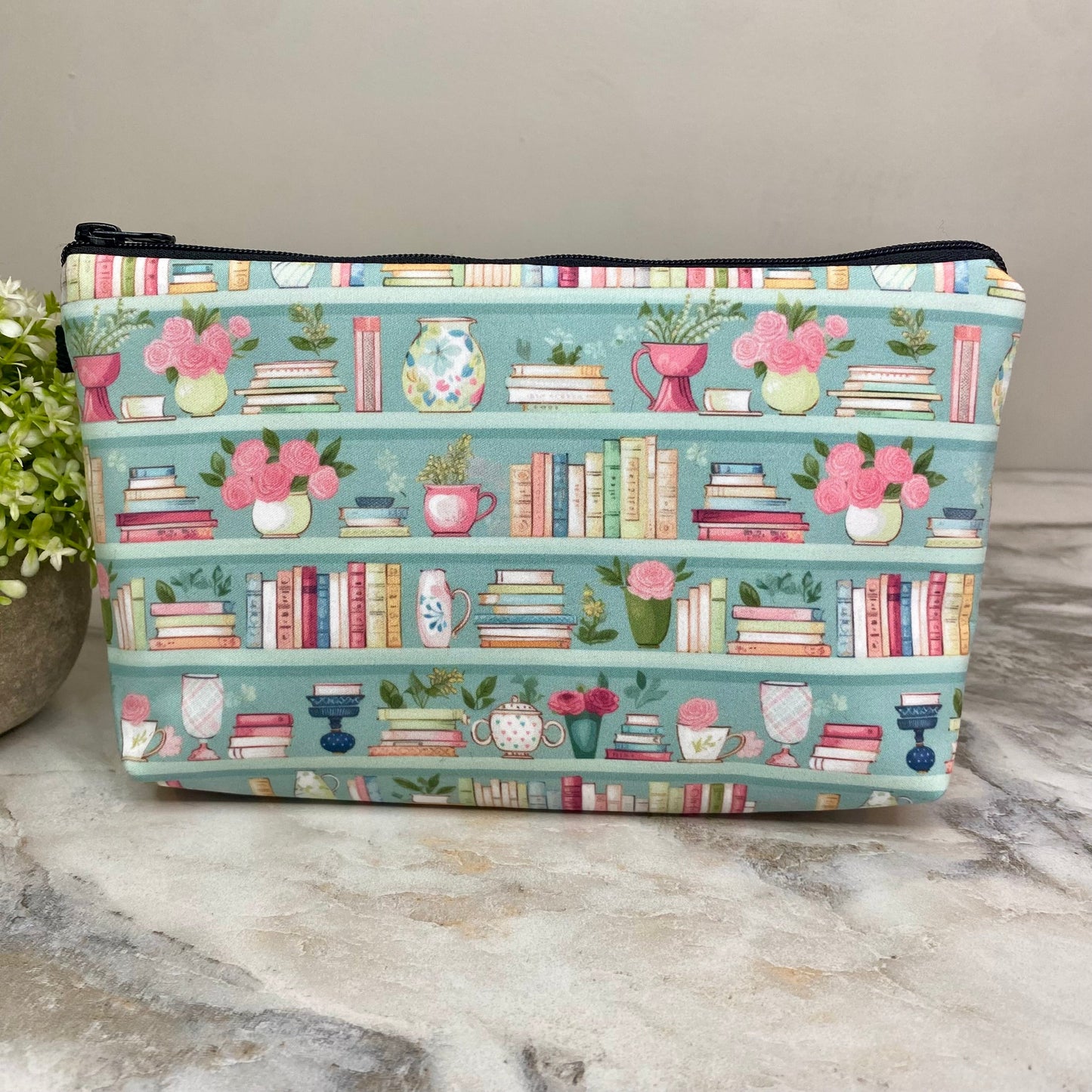 Pouch - Book, Mint Floral Bookcase