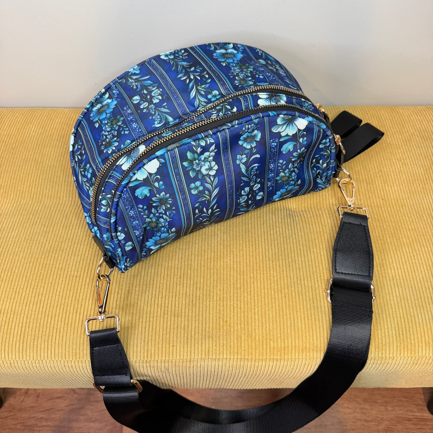 The Roni Nylon Crossbody - Blue Stripe Floral