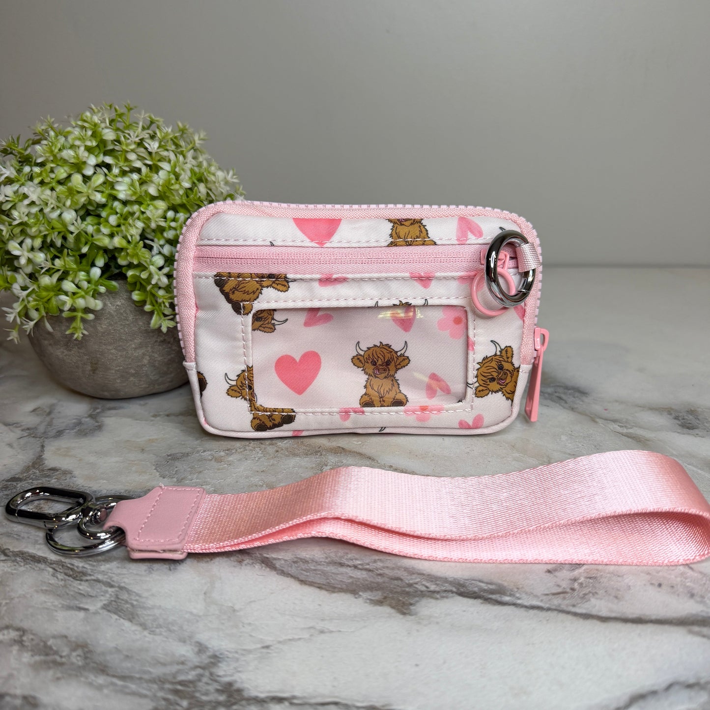 Rue - Nylon Wristlet Wallet - Pink Highland Cow
