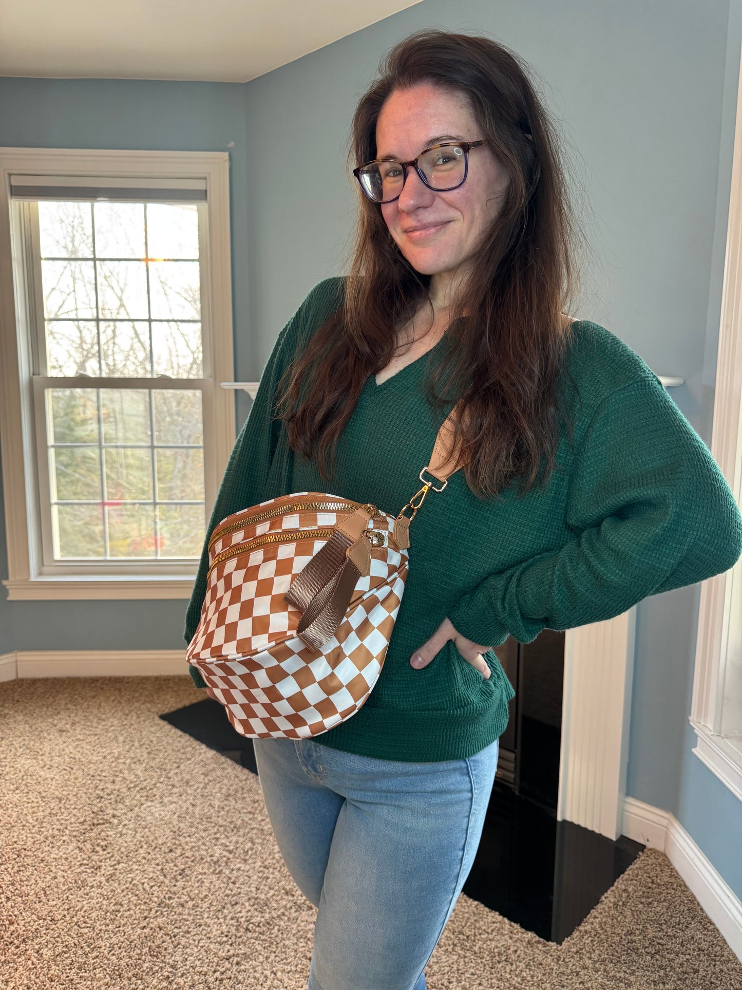 The Roni Nylon Crossbody - Checkered Camel