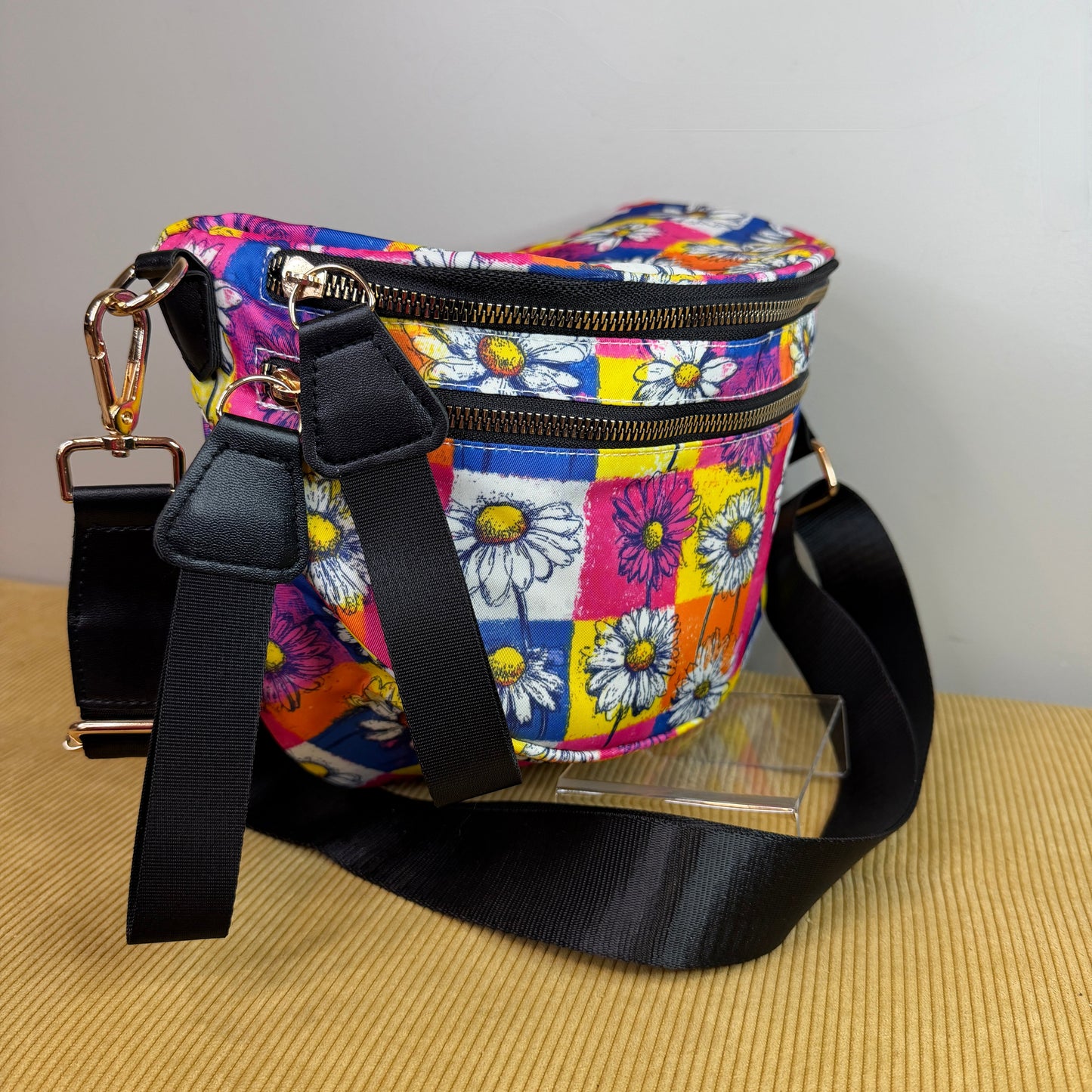 The Roni Nylon Crossbody - Colorful Checkered Daisy Floral