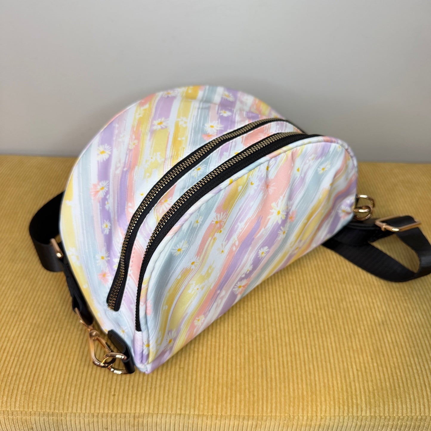 The Roni Nylon Crossbody - Pastel Stripe Daisy Floral