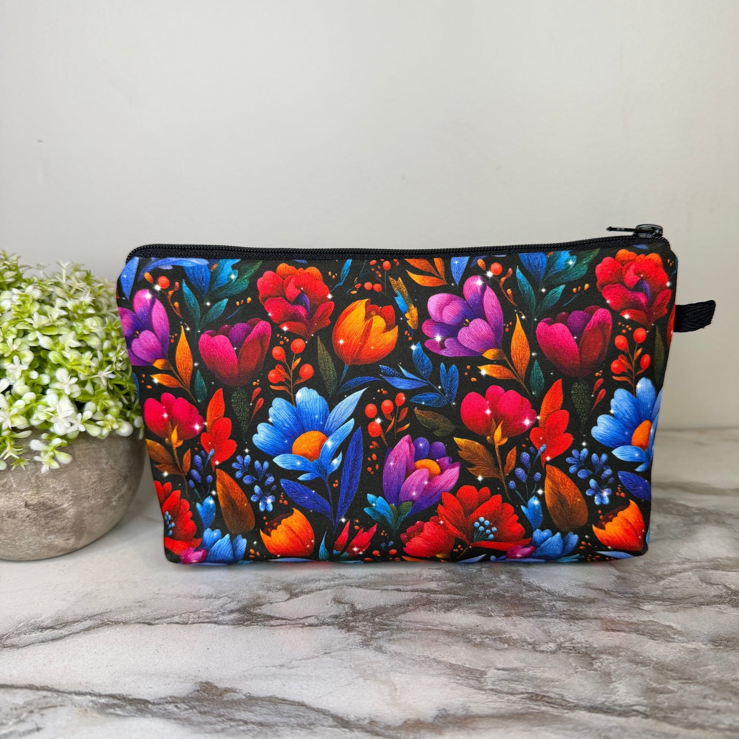 Pouch - Floral Bright Red Blue on Black