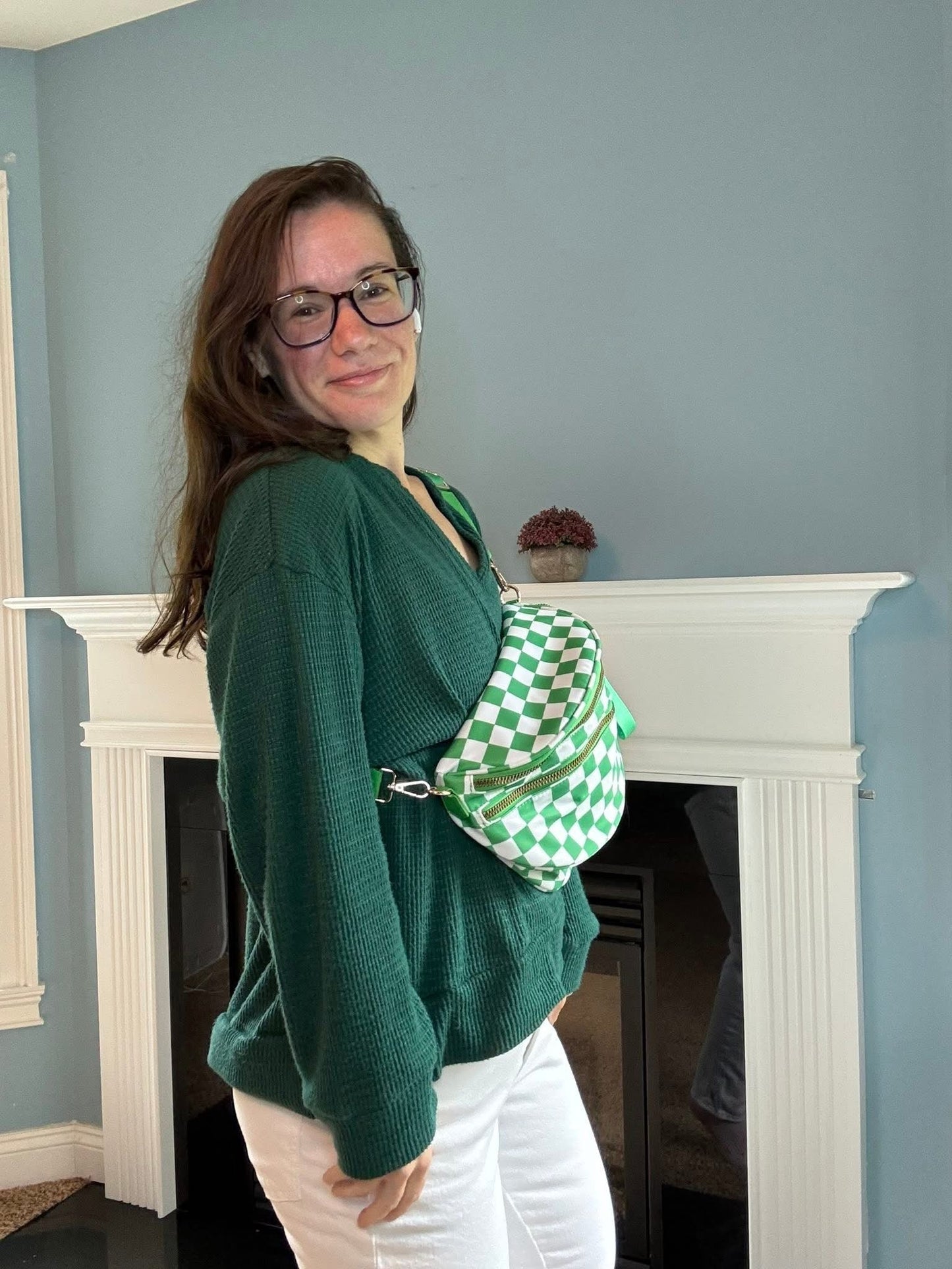 The Roni Nylon Crossbody - Checkered Kelly Green